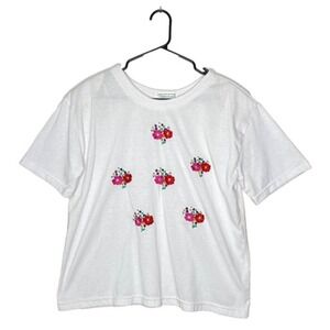 Y2K Shenanigans White Floral Embroidered Baby Tee Cottagecore Indie L